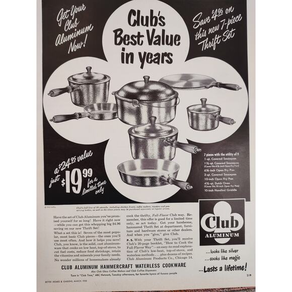 1950 Club Aluminum Pots‎ Pans Kitchenware Best Value Vtg Print Ad - Picture 1 of 7